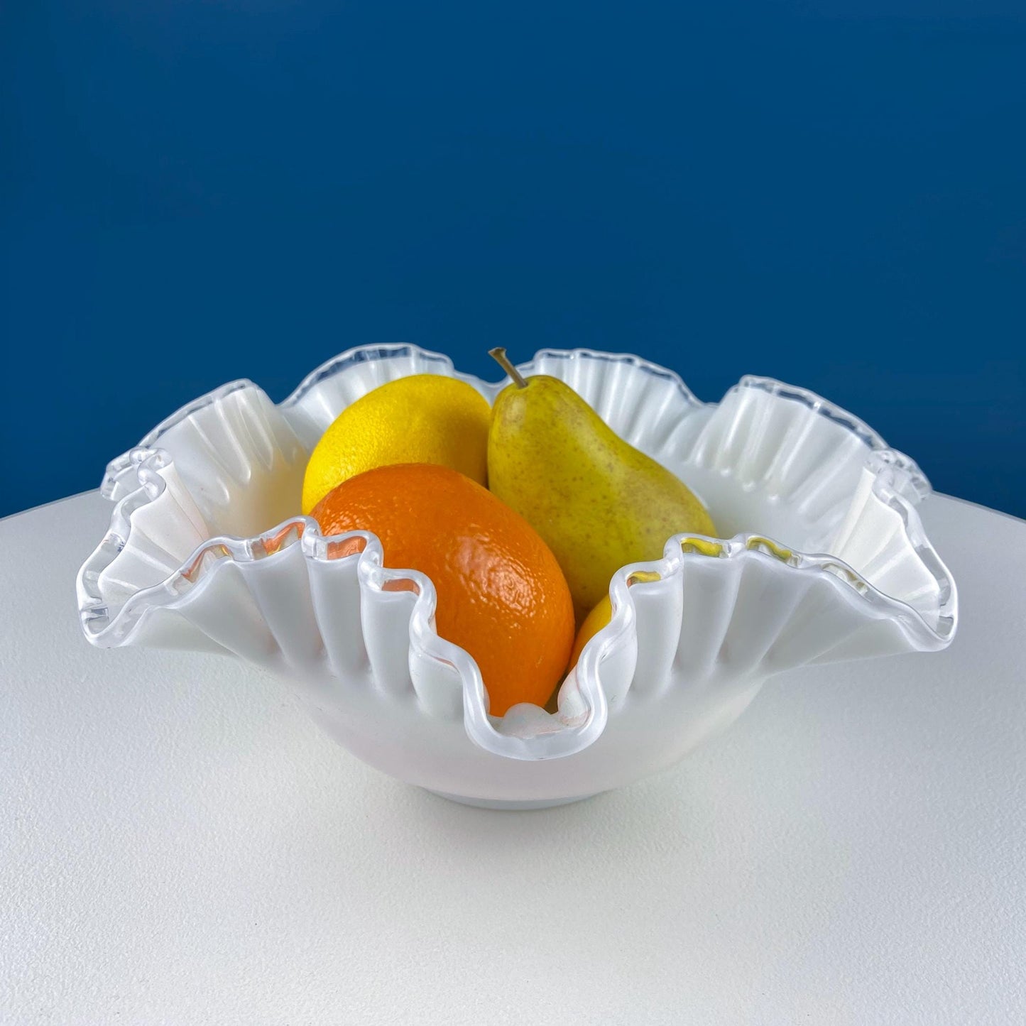 Large Silvercrest Bowl with Ruffled Edge. White Glass Fruit Bowl or Serving Dish with Clear Brim. Table Centerpiece. Wedding Gift.