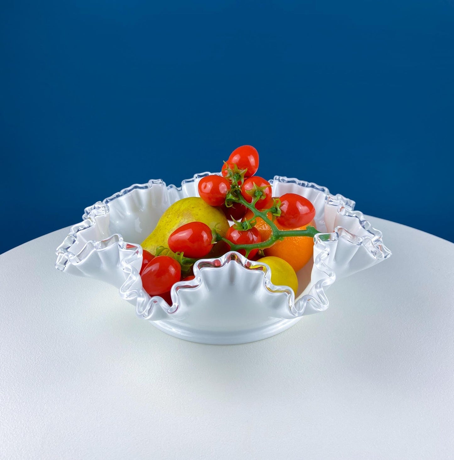 Large Silvercrest Bowl with Ruffled Edge. White Glass Fruit Bowl or Serving Dish with Clear Brim. Table Centerpiece. Wedding Gift.