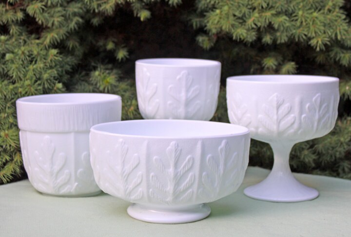 Milk Glass Oak Leaf Design Bowls. Set of Three Differently Shaped Vases. White Herb Planters.