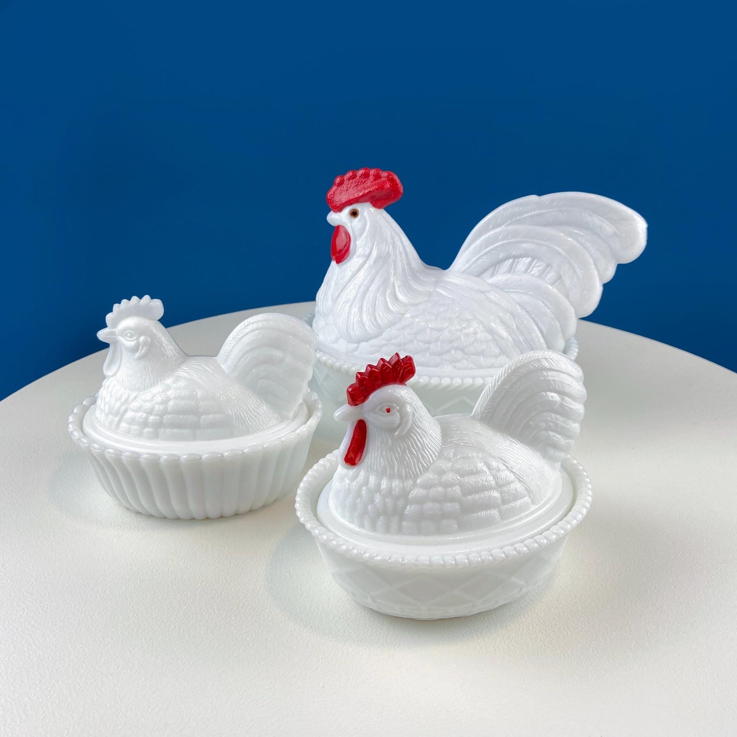 Westmoreland Milk Glass Covered Bowl Shaped Like Rooster on Nest. White Rooster with Red Comb. Lidded Butter Serving Dish. Modern Farmhouse.