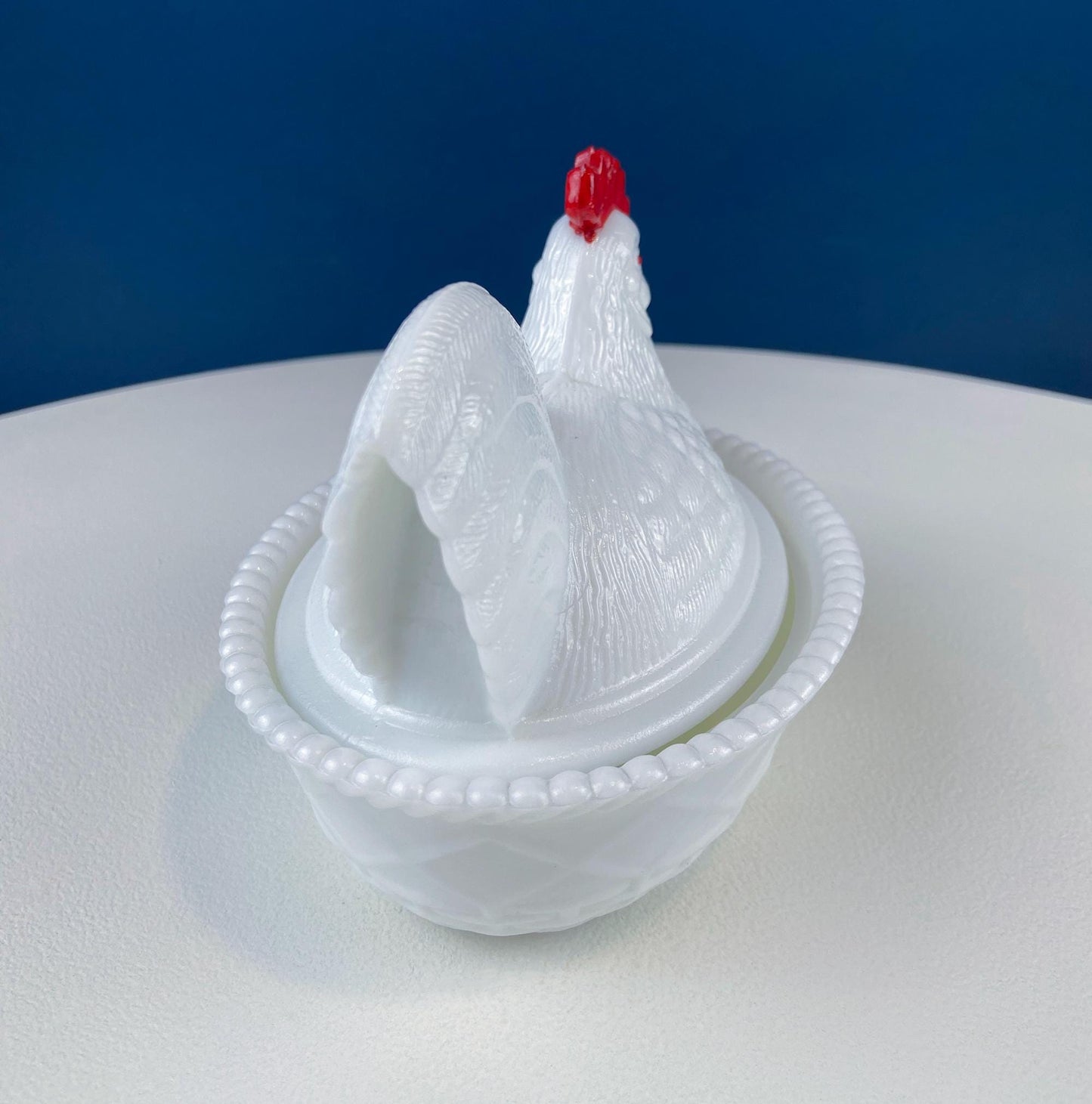 Westmoreland Milk Glass Covered Bowl Shaped Like Rooster on Nest. White Rooster with Red Comb. Lidded Butter Serving Dish. Modern Farmhouse.