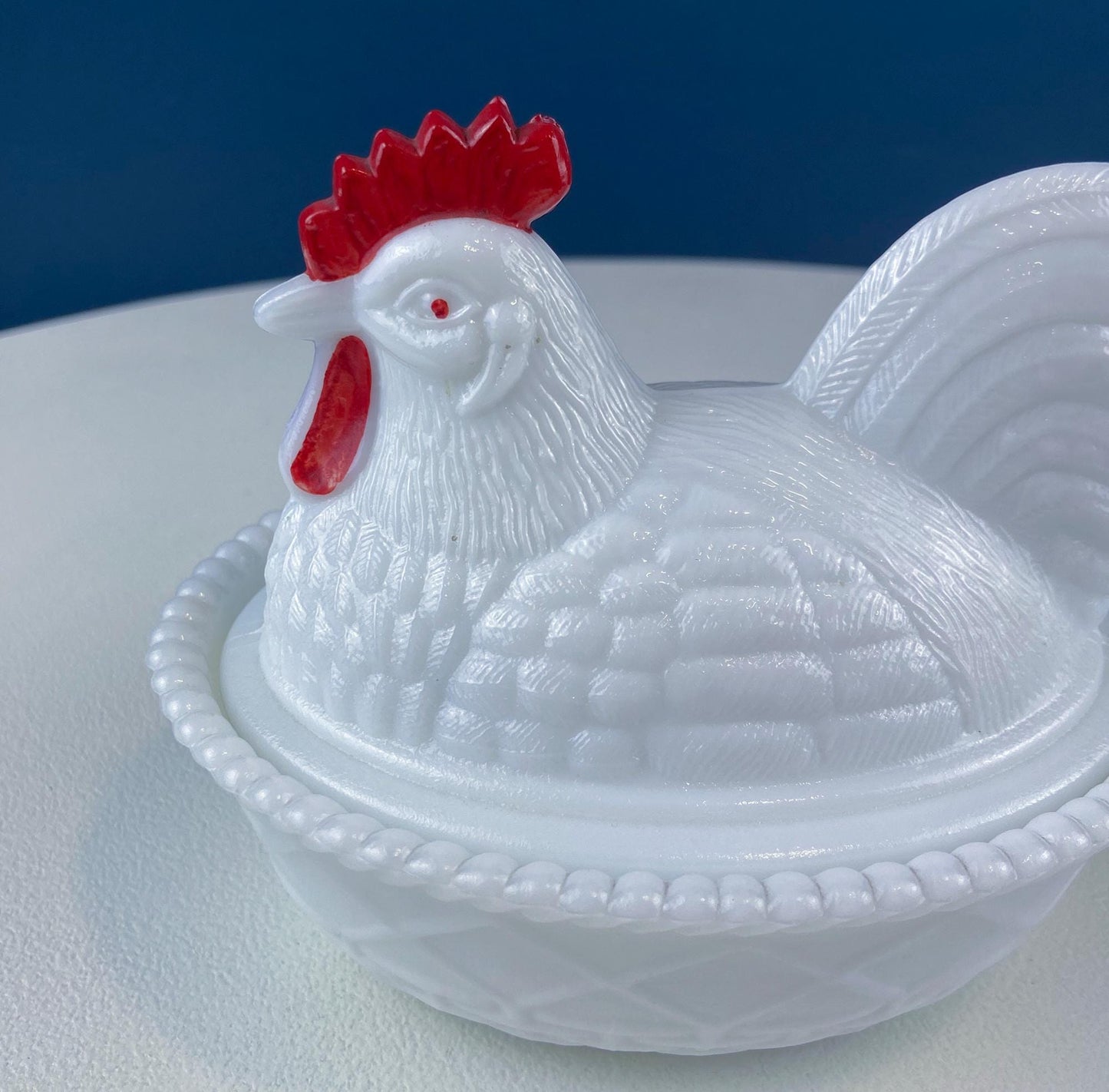 Westmoreland Milk Glass Covered Bowl Shaped Like Rooster on Nest. White Rooster with Red Comb. Lidded Butter Serving Dish. Modern Farmhouse.
