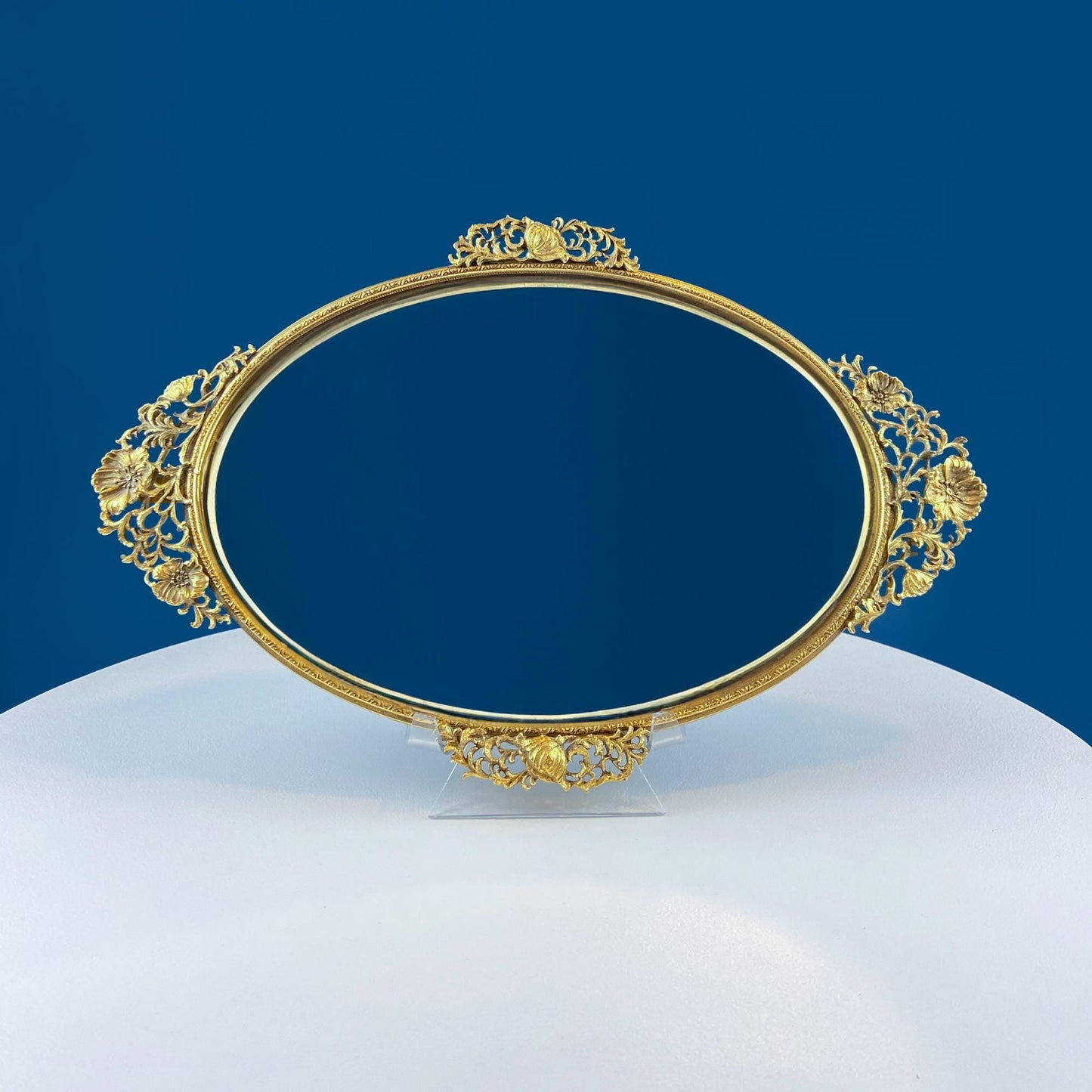 Vintage Gold Dresser Vanity Mirrored Tray. Rich Gilded Metal Tea Rose Oval Frame. Chic Bedroom Bath Perfume Display. Wall Hanging.