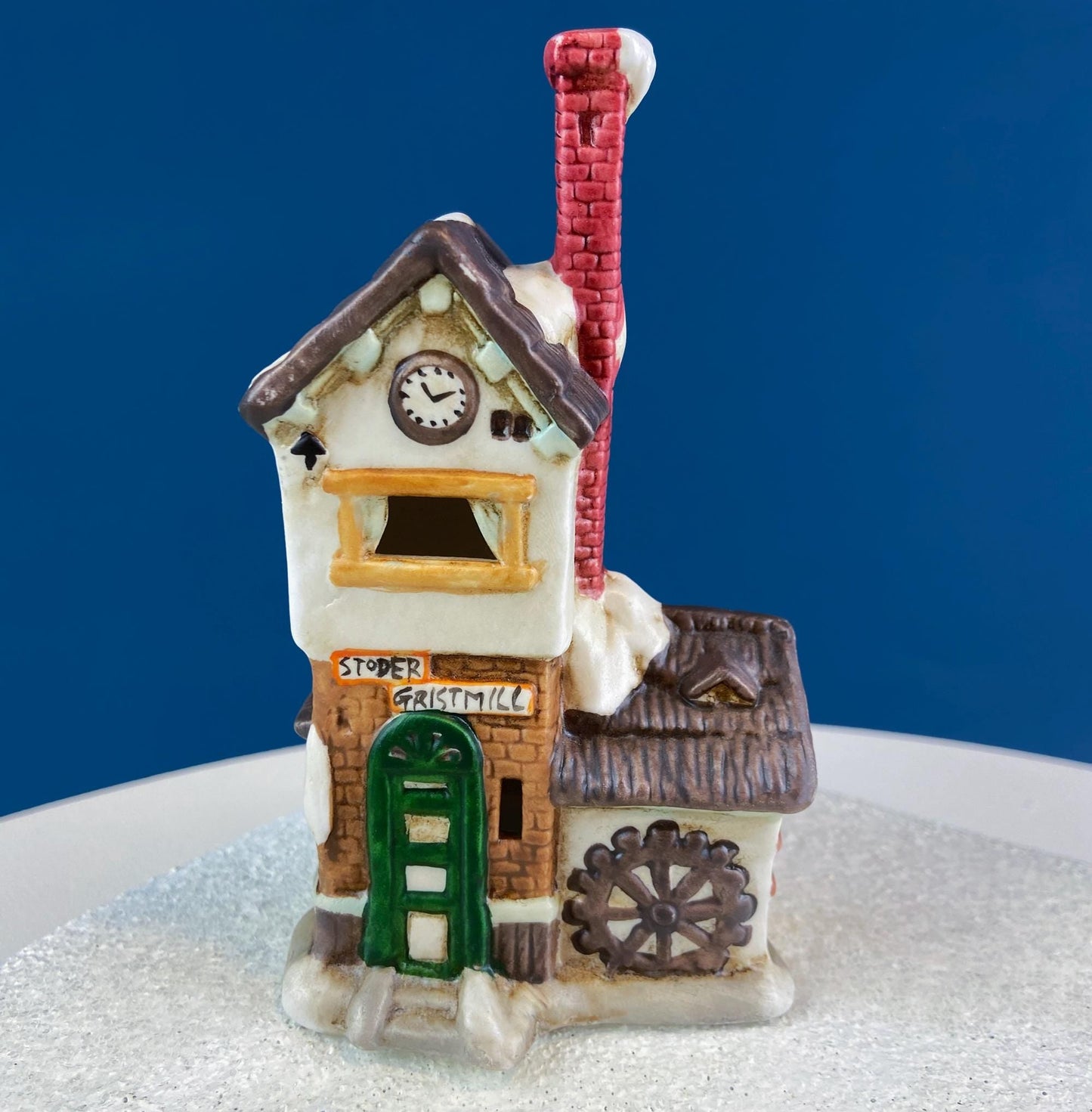 Christmas Village Collection of Small Illuminated Houses. Set of 4 Bldgs: Mill, 2 Churches, Train St., Council Offices, 2 Sheep and 3 Pines.