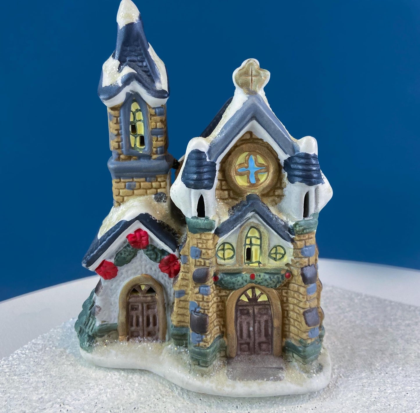 Christmas Village Collection of Small Illuminated Houses. Set of 4 Bldgs: Mill, 2 Churches, Train St., Council Offices, 2 Sheep and 3 Pines.