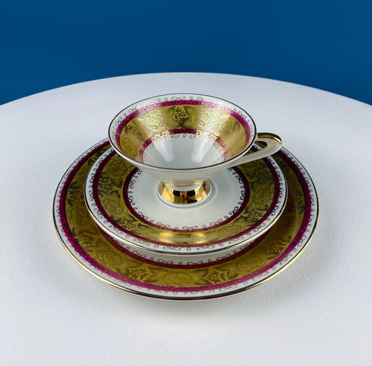 Vintage Mid Century Modern Gold and Ruby Red Porcelain Tea Set Trio. Stunning Gold Floral Motif. Asian Rose. Home Decor. Gift for Him Her.