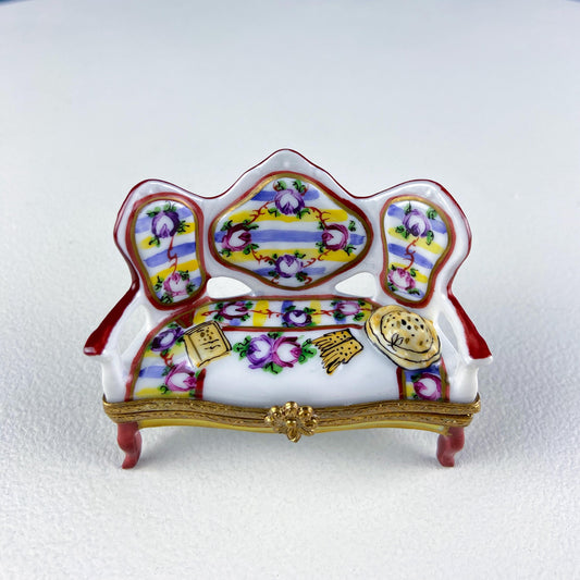 Loveseat Miniature Porcelain Limoges Box. Highly Collectible Pill, Trinket, Ring Box. Gift for Him or Her Couch Potato Partner Couple.