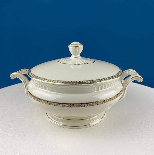 Vintage Round Porcelain Tureen. Classic Minimal Design. Soup Serving Dish with Gold/Black Motif. Dining Room Decor. Table Centerpiece.