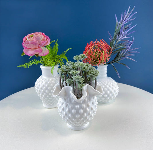 Collection of Vintage Milk Glass Hobnail Vases. Set of 3 Varying Shapes & Sizes. Modern Farmhouse.