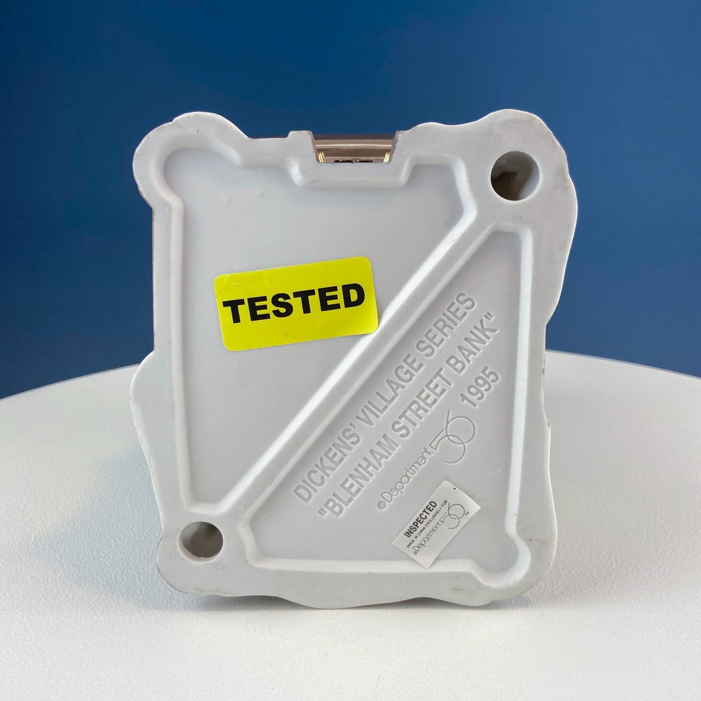 Vintage Blenham Street Bank & 2 Policeman Figurines by Department 56. Illuminated Christmas Village House. Dickens Village. Holiday Display.