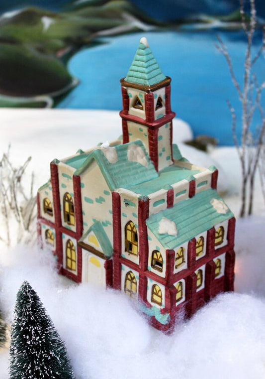 Christmas Decoration. Vintage Porcelain Xmas Village Cathedral with Lights.  Holiday Decoration with Light Kit Made by Holiday Magic.