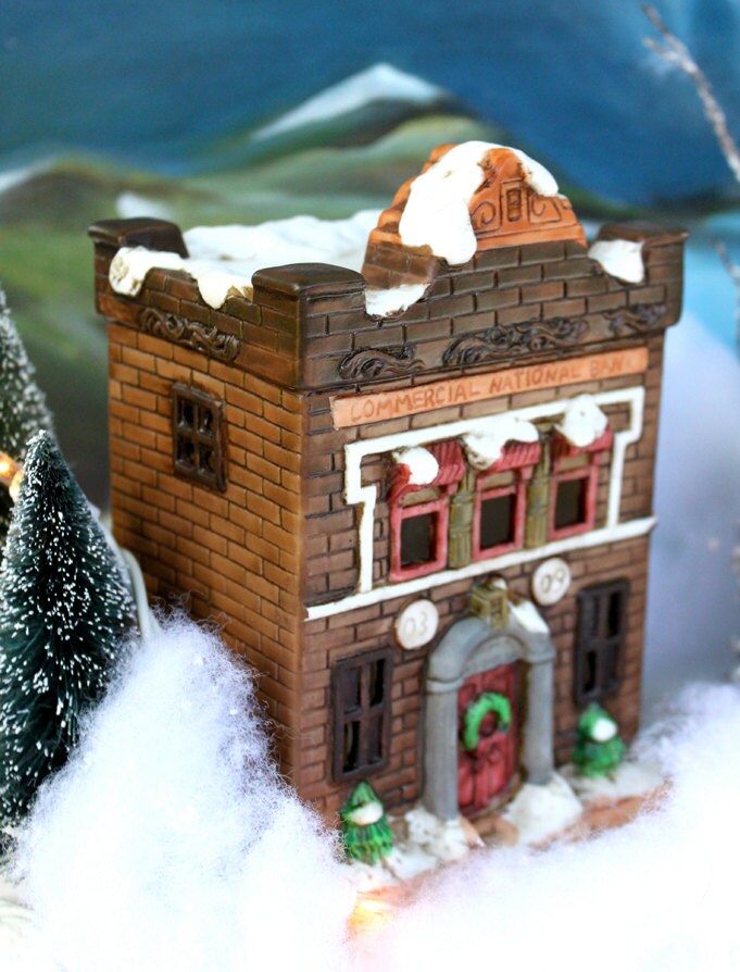 Christmas Village Bank with Lights - Hand made & Painted Holiday Decoration