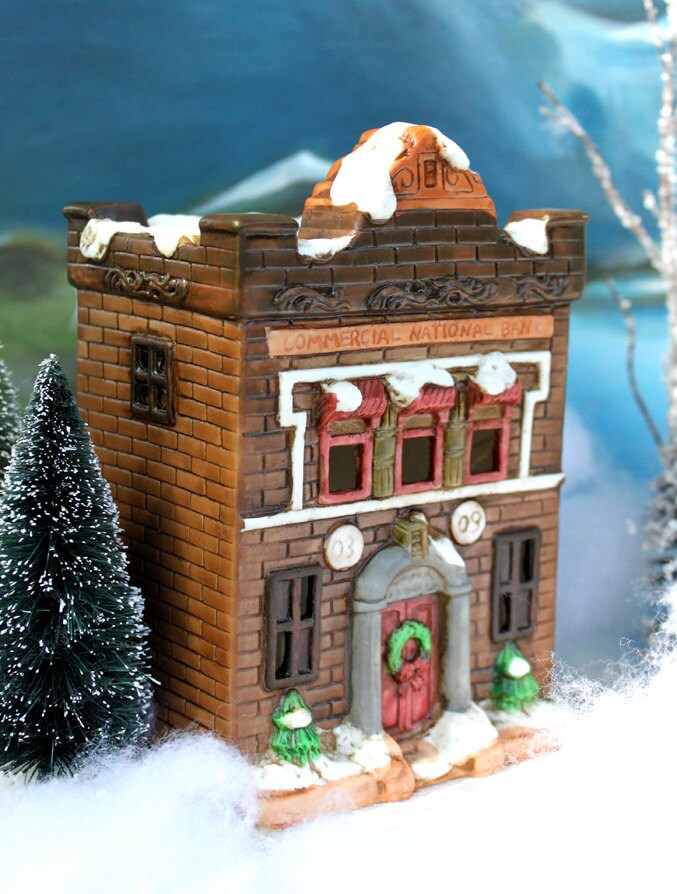 Christmas Village Bank with Lights - Hand made & Painted Holiday Decoration