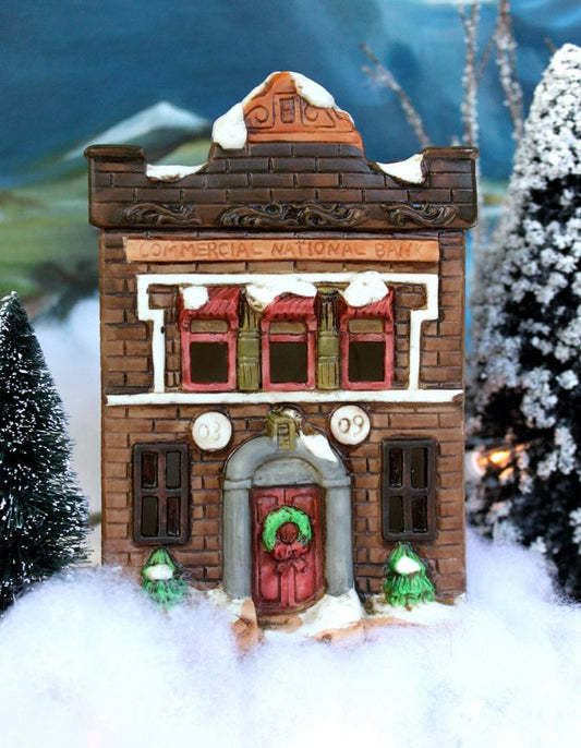 Christmas Village Bank with Lights - Hand made & Painted Holiday Decoration