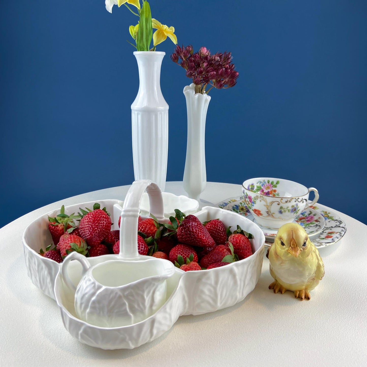 Wedgwood Country Ware Porcelain Basket for Serving Strawberries Cream Sugar. Set of 3. Leaf Texture. Garden Party. Romantic Gift for Him Her