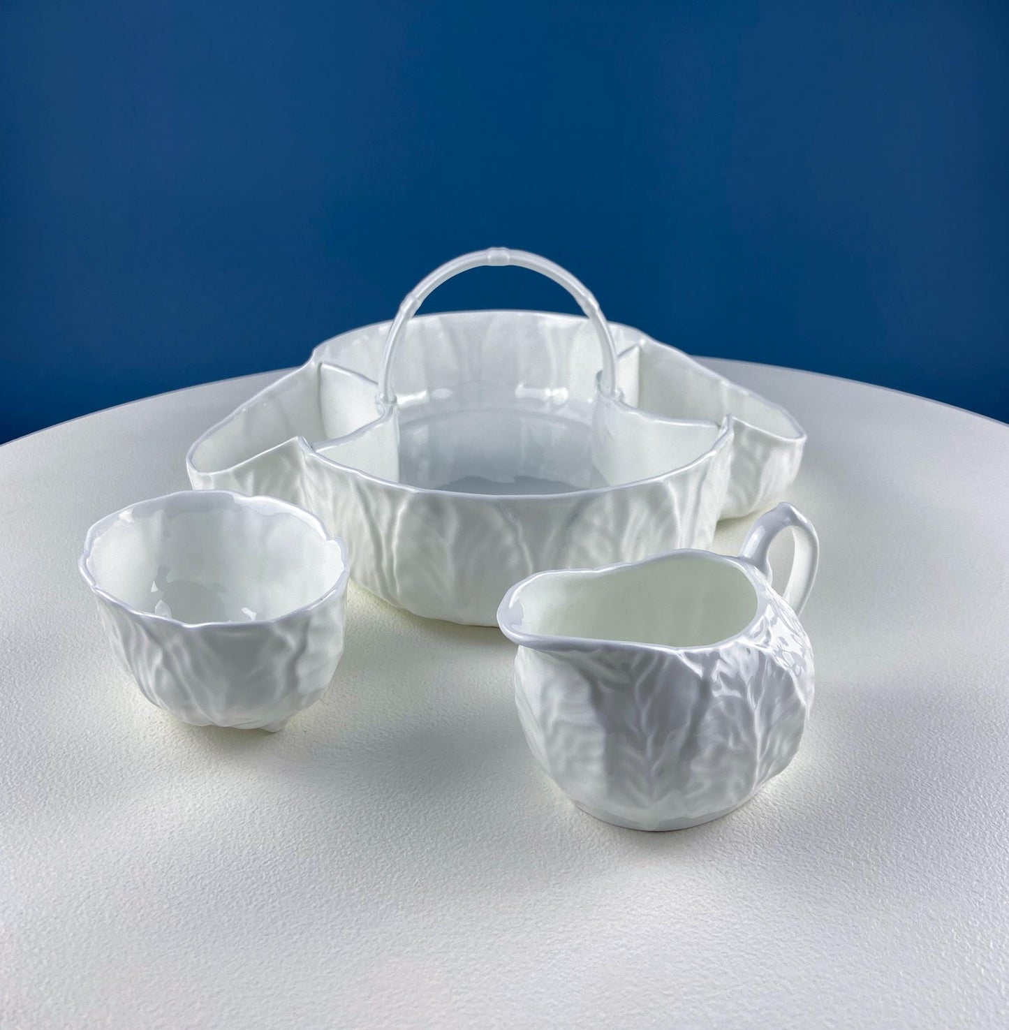 Wedgwood Country Ware Porcelain Basket for Serving Strawberries Cream Sugar. Set of 3. Leaf Texture. Garden Party. Romantic Gift for Him Her