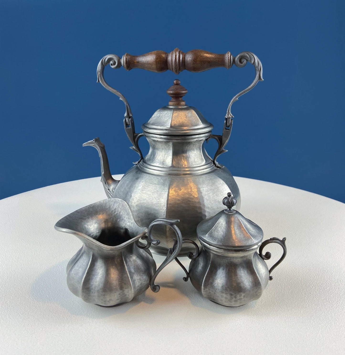 Vintage 6 Piece Pewter Coffee & Tea Serving Set with Filigree Tray. Metawa, Holland. Mid Century Modern Early Art Deco. Rattan Bamboo Handle