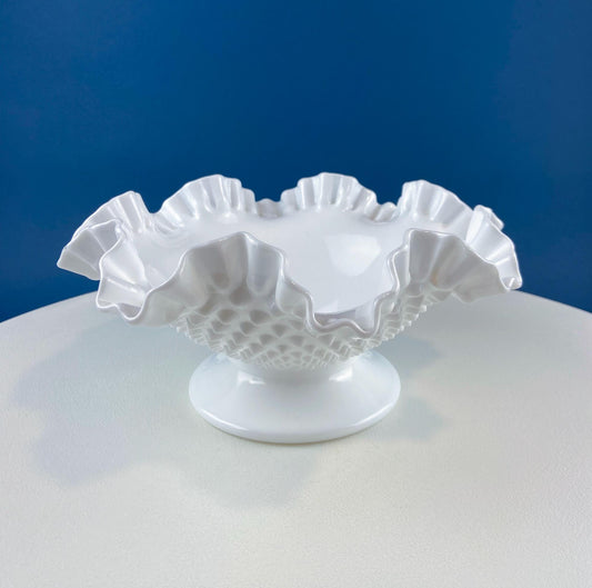 Fenton Milk Glass Hobnail Footed Bowl with Ruffled Edge. Vintage Collectible White Fruit Serving Dish. Dining Room Decor. Table Centerpiece.