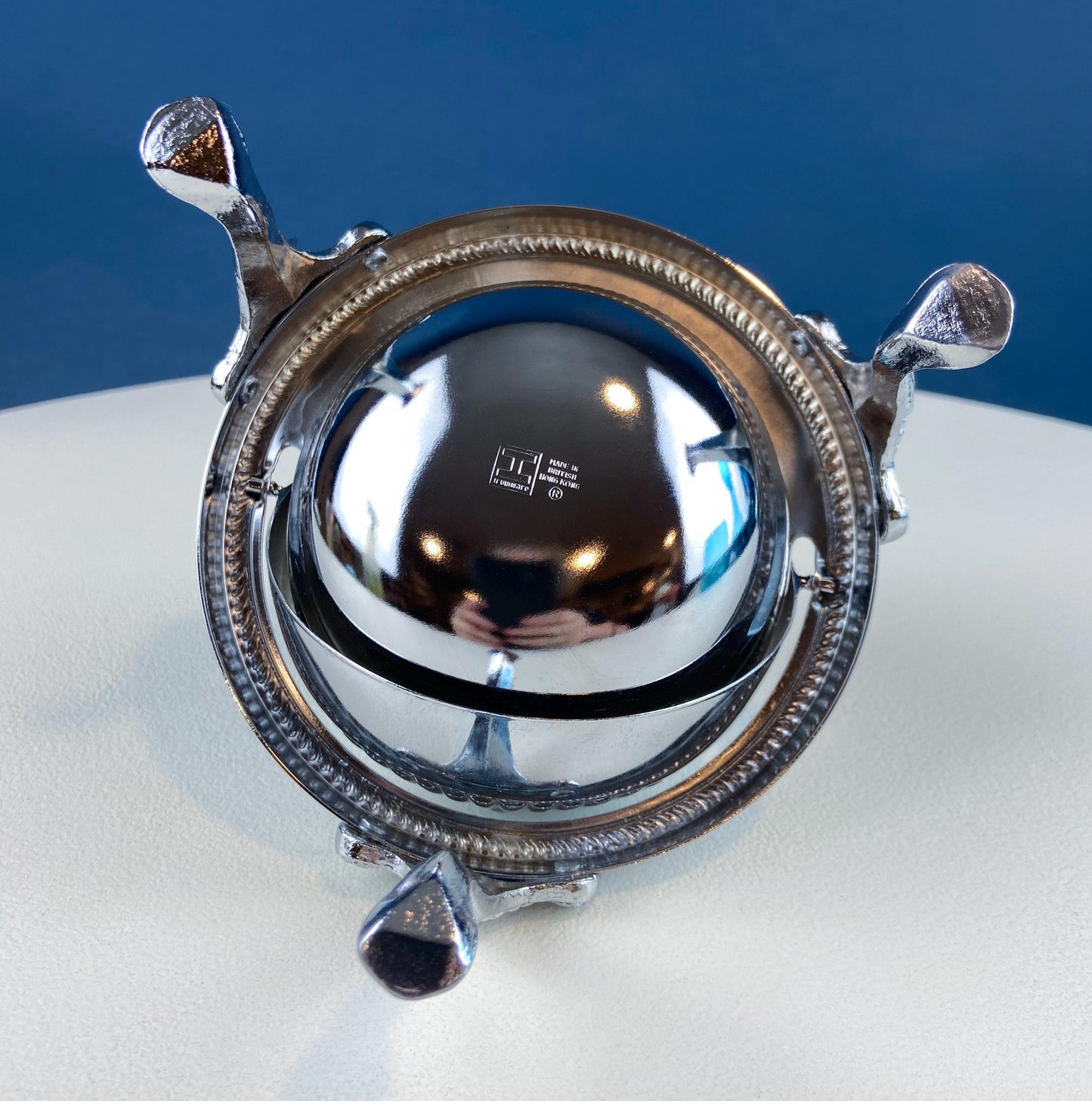 Iruinware Caviar Dome Dish Made in British Hong Kong. Silver Metal Serving Bowl. Lion Feet Dome Lid. Table Setting. Stylish Housewares.