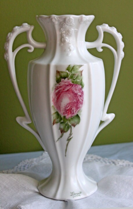 Vase.  Porcelain Urn Shaped Vase Hand Painted. Vase Signed by Artist.
