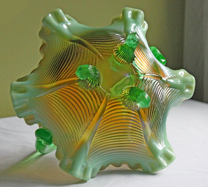 Iridescent Blue Carnival/Federal Glass Bowl. Large Stunning Iridized Serving Bowl. Windsor Button Pattern. Art Glass. Dining Room Decor.