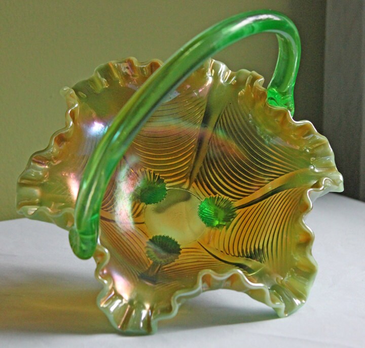 Iridescent Blue Carnival/Federal Glass Bowl. Large Stunning Iridized Serving Bowl. Windsor Button Pattern. Art Glass. Dining Room Decor.