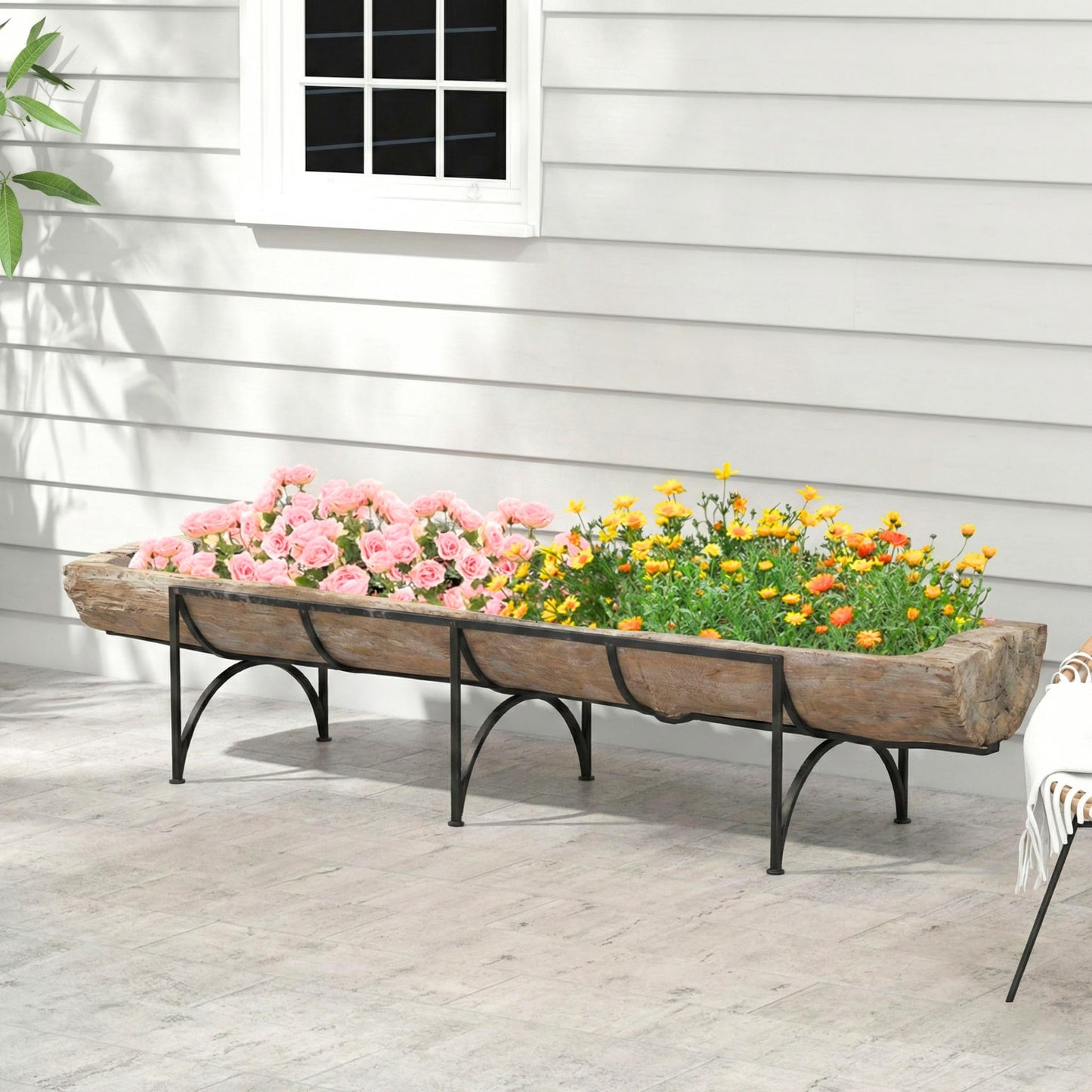 1800s Antique Large Teak Wood 114" Long Trough On Metal Stand