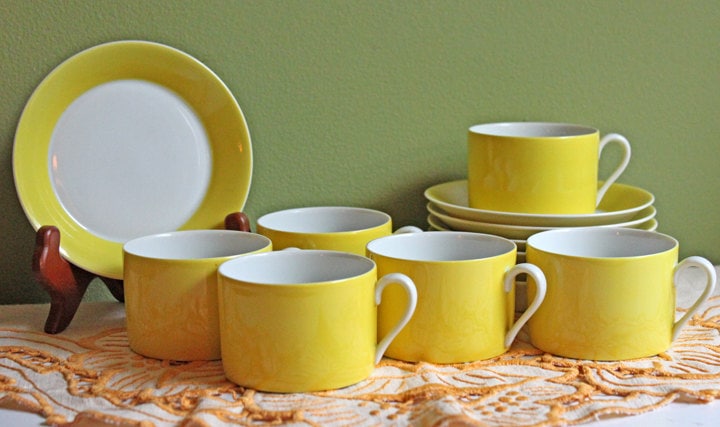 Coffee or Tea Serving Cup and Saucer Set by Fitz & Floyd.  Modern Yellow and White Porcelain Breakfast Set Made in Japan.