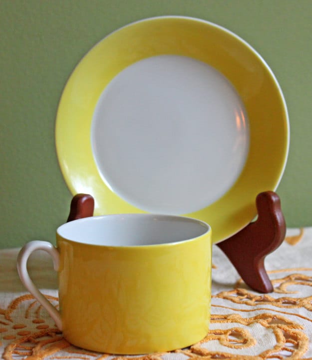 Coffee or Tea Serving Cup and Saucer Set by Fitz & Floyd.  Modern Yellow and White Porcelain Breakfast Set Made in Japan.