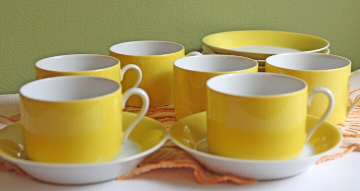 Coffee or Tea Serving Cup and Saucer Set by Fitz & Floyd.  Modern Yellow and White Porcelain Breakfast Set Made in Japan.
