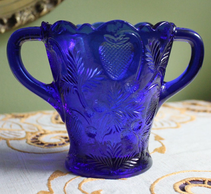 Vintage Blue Glass Footed Serving Bowl. Blue Thumb Print Glass Jar with Ruffled Edge. Collectible Blue Glass Dish.