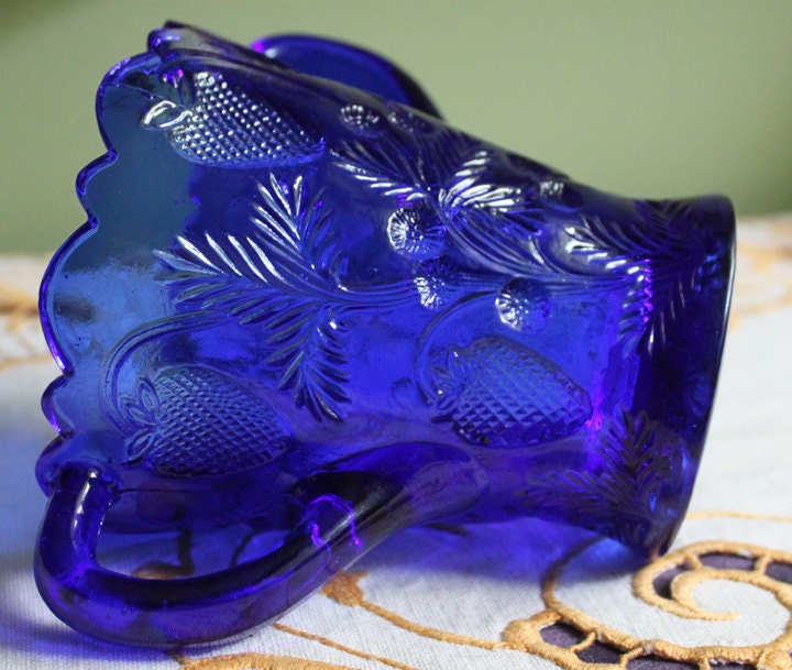 Vintage Blue Glass Footed Serving Bowl. Blue Thumb Print Glass Jar with Ruffled Edge. Collectible Blue Glass Dish.