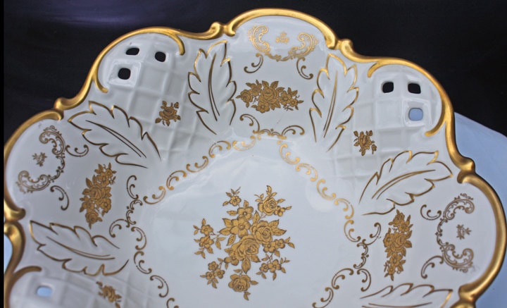 White and Gold Rosenthal Bowl.  Antique Footed Porcelain Serving Dish with Scalloped Rim and Reticulated Motif. Stunning Wedding Gift.