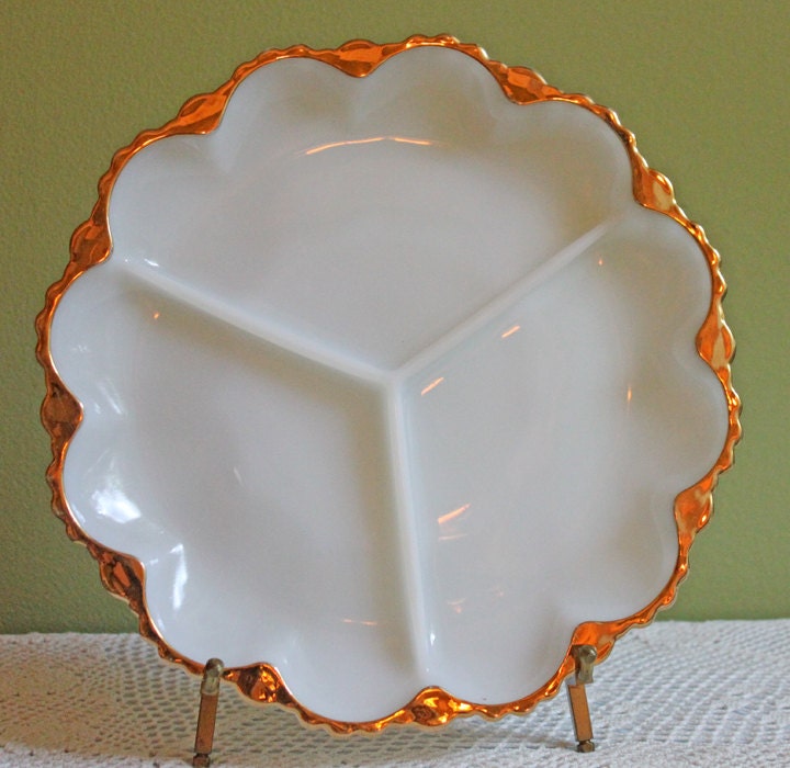 Vintage Milk Glass  Platter.  Milk Glass Divided Platter with 22 Karat Gold Scalloped Rim and Ornate Back.