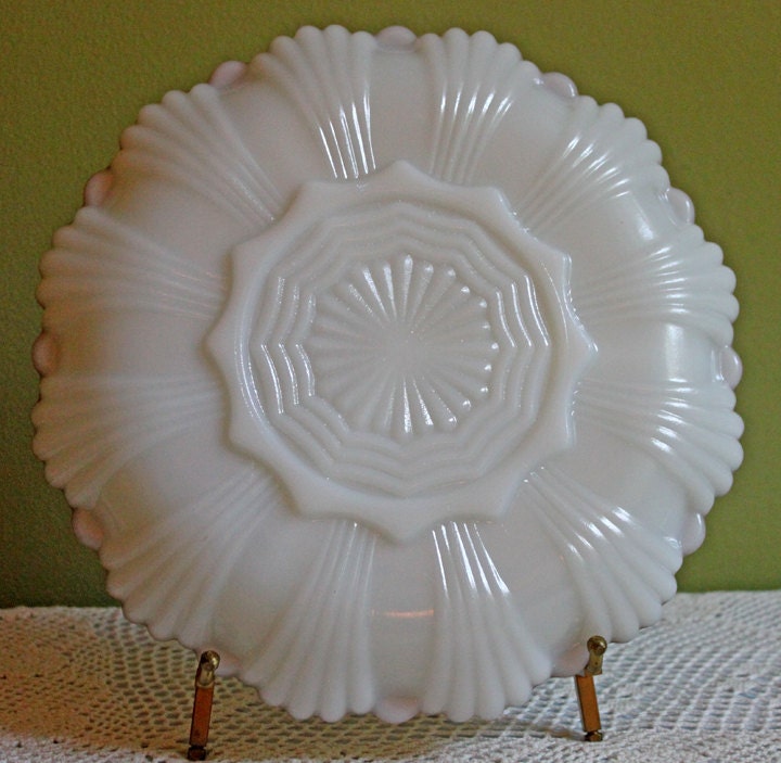 Vintage Milk Glass  Platter.  Milk Glass Divided Platter with 22 Karat Gold Scalloped Rim and Ornate Back.