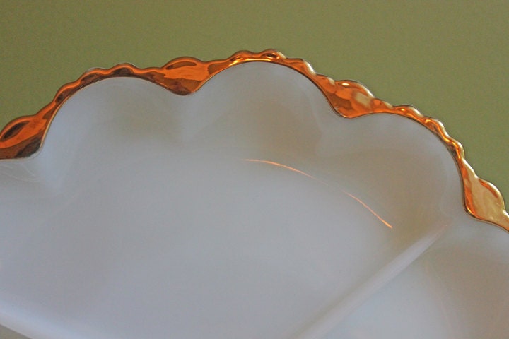 Vintage Milk Glass  Platter.  Milk Glass Divided Platter with 22 Karat Gold Scalloped Rim and Ornate Back.