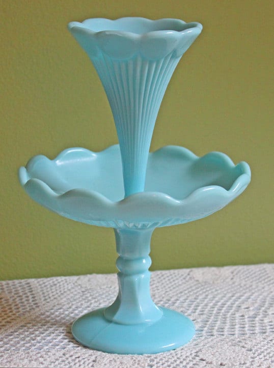 Milk Glass Three Horn Epergne Flower Vase. Fenton, Hobnail Vase & Bowl Combined. Table Centerpiece with Ruffled Rim.