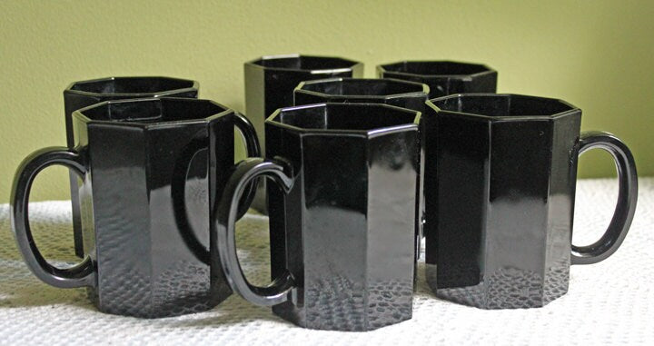 Black Glass Mugs.  Six Modern Octagonal Design Cups Made by Arcopal in France.