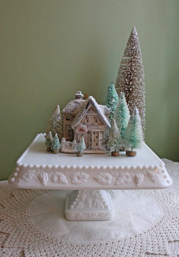 Huge Vintage Fenton Silver Crest Milk Glass Sweets Serving Stand with Silver Handle. White Bakery Serving Dish with Clear Ruffled Edge.