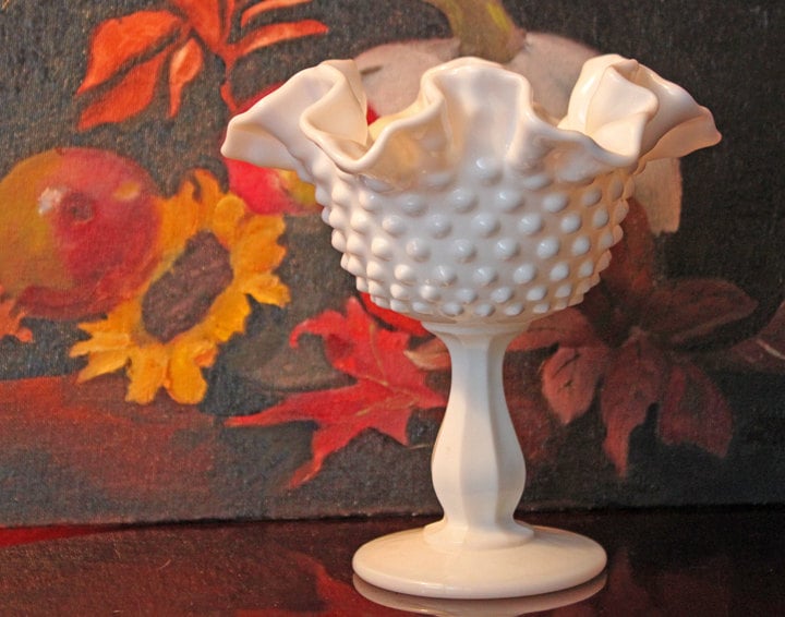Fenton Milk Glass Compote. White, Footed, Hobnail Bowl with Scalloped and Ruffled  Rim.