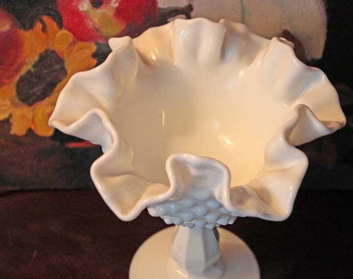 Fenton Milk Glass Compote. White, Footed, Hobnail Bowl with Scalloped and Ruffled  Rim.