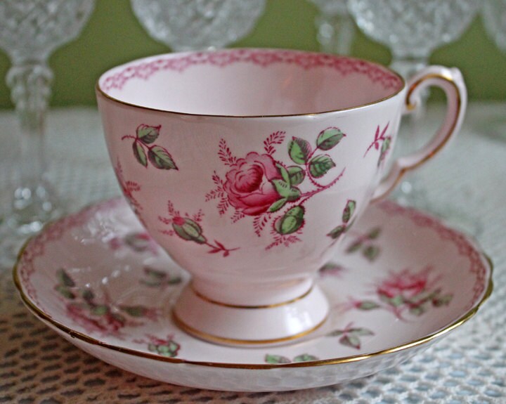 Tea or Coffee Cup and Saucer with Small Pink Roses. Aynsley Fine China. Dining Room Decor. Tea Party. French Country. Gift for Her.