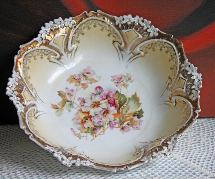Antique Porcelain Serving Bowl with Scalloped Brim. Gold Laurel Leaf Motif & Rose Garlands. Fine Austrian Porcelain. Kitchen Table Decor.