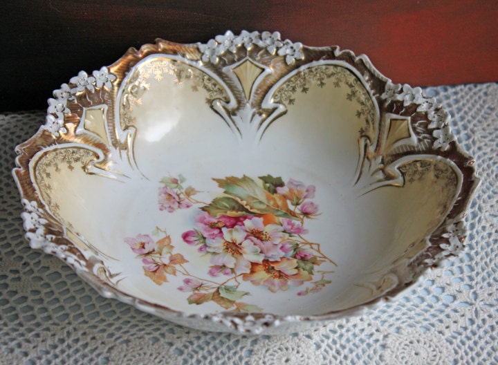 Antique Porcelain Serving Bowl with Scalloped Brim. Gold Laurel Leaf Motif & Rose Garlands. Fine Austrian Porcelain. Kitchen Table Decor.