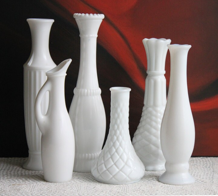 Collection of Milk Glass Vases. Set of Seven. Varying Shapes and Sizes. Contemporary Designs. White Kitchen, Dining, or Living Room Decor.