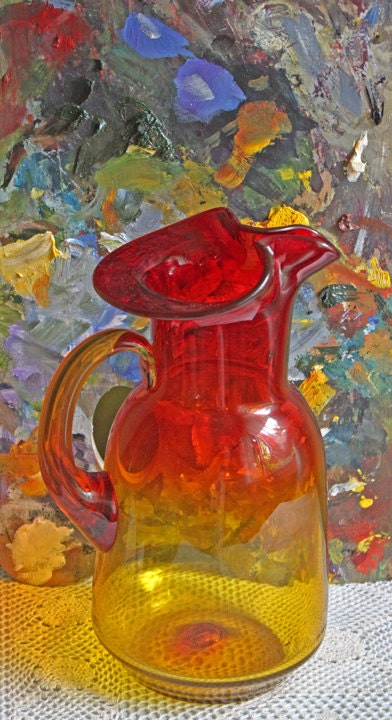 Glass Art Pitcher In Red and Amber Colors.  Large Double Color Glass Pitcher for Display or Serving Drinks.