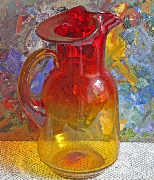 Glass Art Pitcher In Red and Amber Colors.  Large Double Color Glass Pitcher for Display or Serving Drinks.