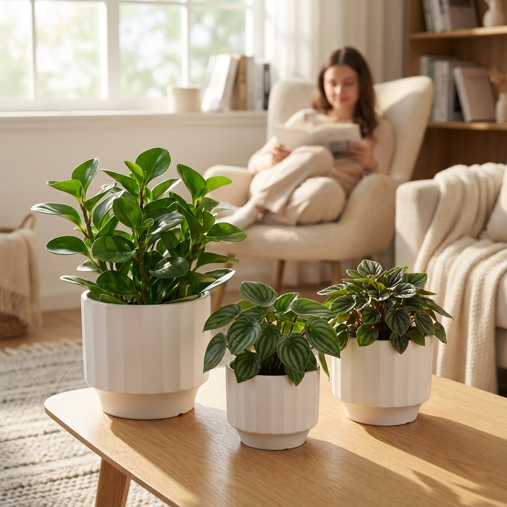 3-Piece White Stoneware Planter Set with Fluted Design