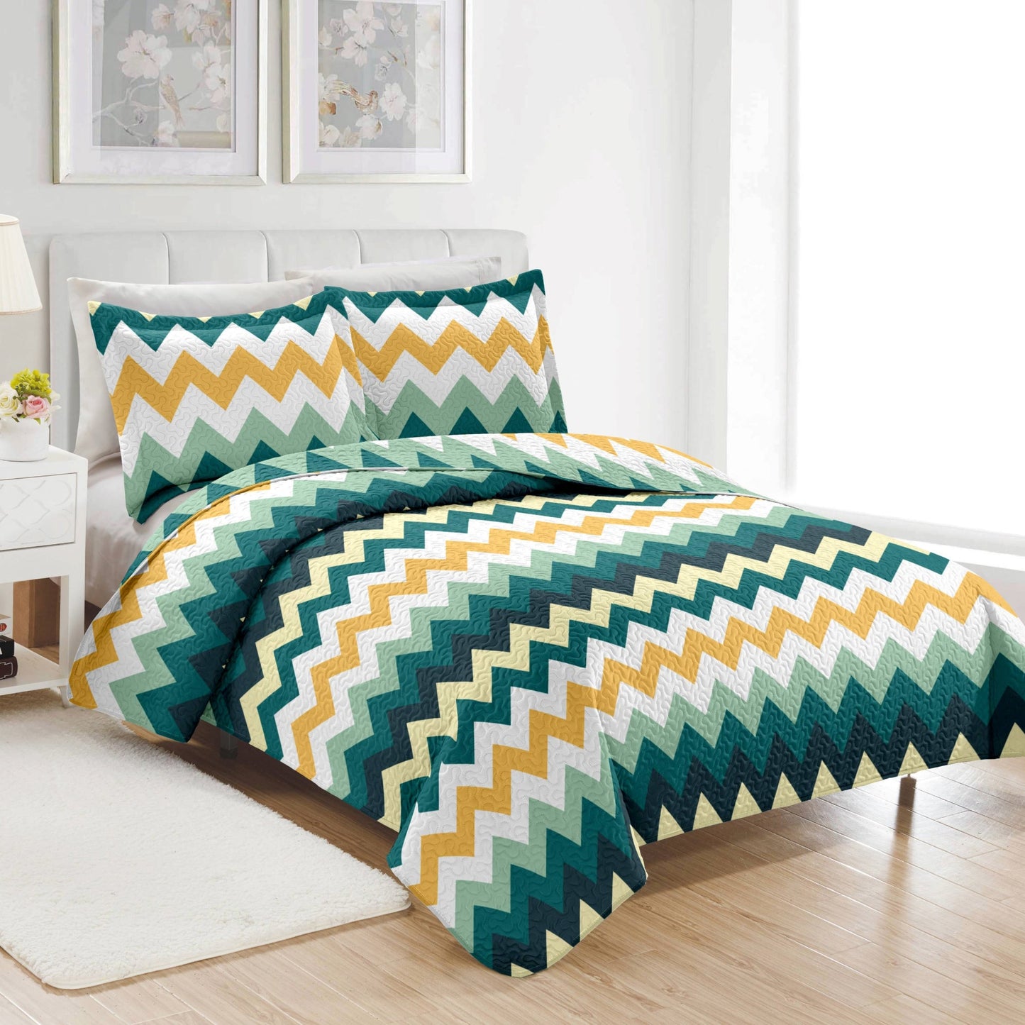 PREMIUS Montego 3 Piece Microfiber Wrinkle-Free Quilt Set, Green-Yellow