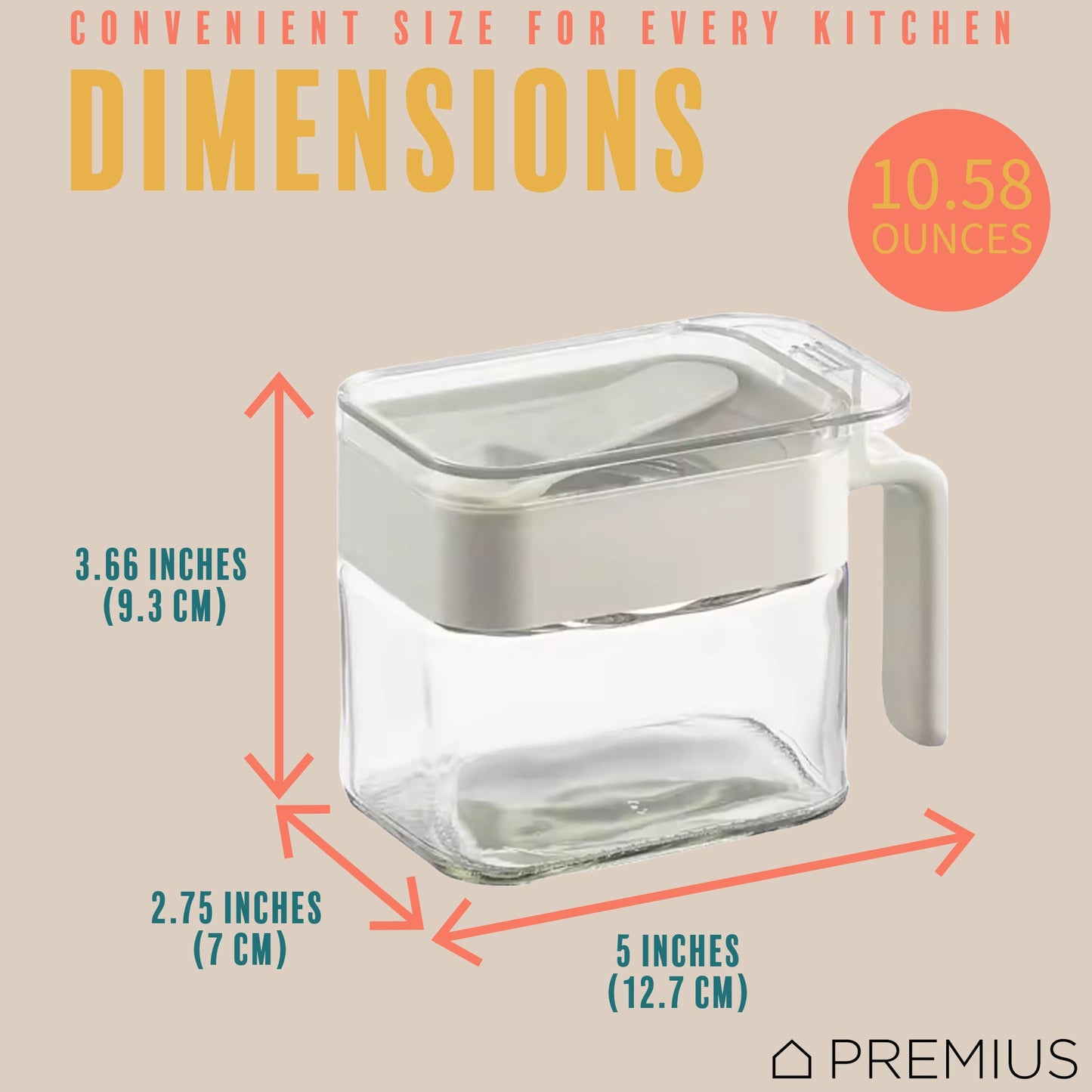 PREMIUS Stacking Glass Seasoning Spice Jar with No-Touch Spoon and Lid, White, 10.58 Ounces